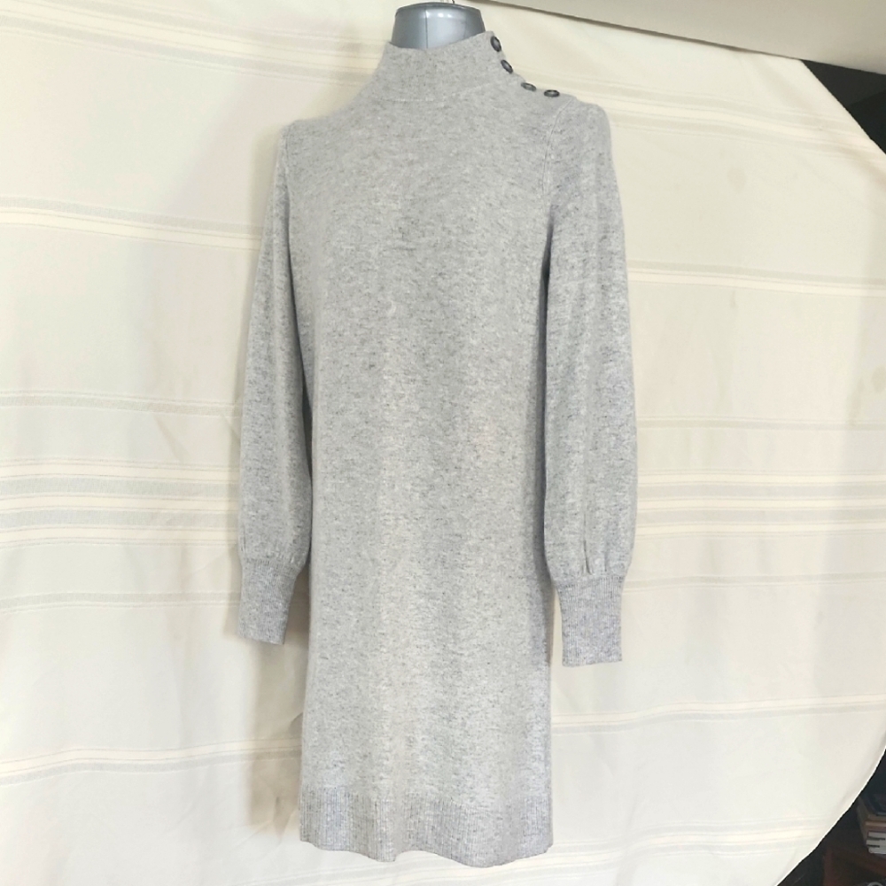 Gray Cashmere High-Neck Sweater Dress with Button Detail